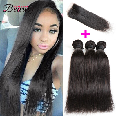 

10A Grade Indian Human Hair Straight Unprocessed Indian Virgin Hair with Middle Part Closure Natural Black