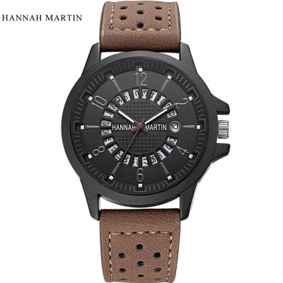 

HANNAH MARTIN Mens Watches Top Luxury Brand Men Quartz Watch Waterproof Sport Military Leather Wirstwatch Calendar Clock