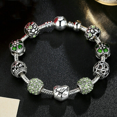 

Baffin Antique Silver Charm Beads Bracelet & Bangle with Love and Flower Crystal Ball Women Wedding Valentine's Day Gift