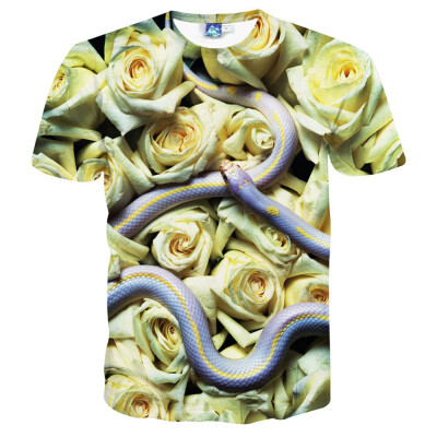 

3D Printed T-shirts Men Short sleeve Blouse Hipster Costume Boys Tops -Snake&Rose Flower