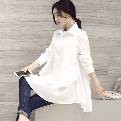 

Fort Sheng 2017 new women autumn solid color commuter lapel long sleeves loose pleated cotton shirt Slim simple elegance yzLWQY3732 white L
