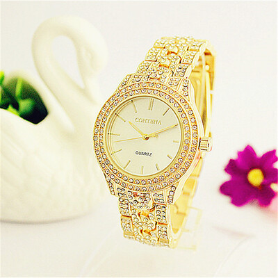 

Luxury Royal Style Ladies Gold Quartz Watches CONTENA Full Rhinestones Women Elegant Wristwatches Crystal Dress Watch