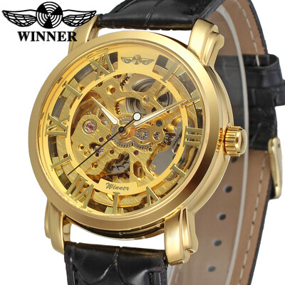 

WINNER Brand New Automatic Gold Skeleton Watch Men Mechanical Watches Black Leather Band Wristwatch