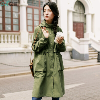 

Yan Man (INMAN) 2017 autumn new hooded large pocket single-breasted dressing coat coat female long section 1873061095 shallow khaki M