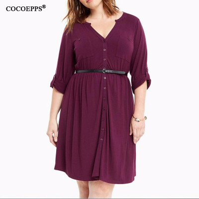 

COCOEPPS 2017 Autumn Women Dresses big size Solid Deep V-Neck Button Lady Dresses plus size casual Dress Work Wear Robes -6XL