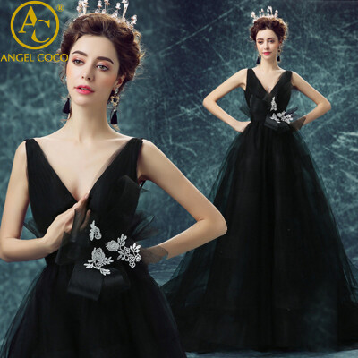 

Sexy Evening Dresses Long Vintage Black Elegant Sleeveless Lace Satin Party Gown Prom Dress Women Backless Robe Evening Gowns