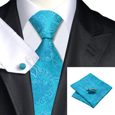 

N-0368 Vogue Men Silk Tie Set Blue Paisley Necktie Handkerchief Cufflinks Set Ties For Men Formal Wedding Business wholesale