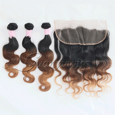 

8A Malaysian Human Virgin Hair body wave 3 Bundles With Ear to Ear 13x4 Lace Frontal Closure Ombre 1B427