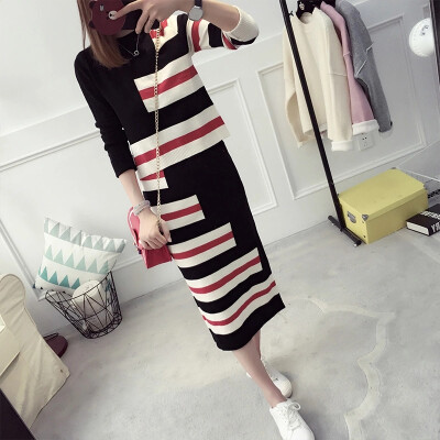 

sustory women's 2017 autumn and winter Korean version of the loose striped wild long-sleeved sweater two fashion suit tide SRSU053 red stripes are