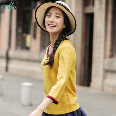 

Yinman INMAN 2017 autumn new V collar simple seven-point sleeve was thin shirt T-shirt female 1873023168 bamboo blue green S