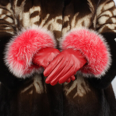 

Ladies sheepskin warm gloves big fox fur leather gloves