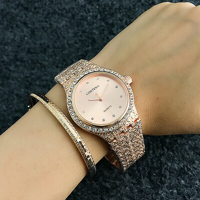 

CONTENA Luxury Business Women Rhinestone Watches Fashion Golden Alloy Bracelet Dress Quartz Wristwatches