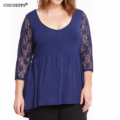 

COCOEPPS Plus size lace tops T Shirt Women 2017 Autumn Winter Three Quart T-shirt Female Black blue Tshirt Women big sizes -6XL