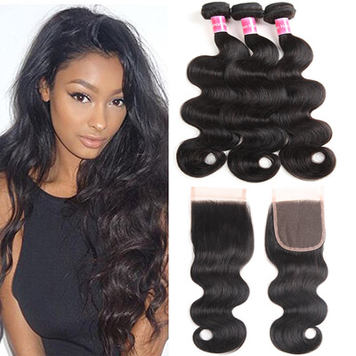 

Fine Plus Brazilian Body Wave 3 Bundles with Free Part Lace Closure Unprocessed Virgin Human Hair Weave with 4×4 Inch Lace Frontal
