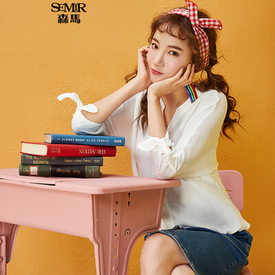 

Semir Long Sleeve Shirt Female 2017 Fall Shirt Kiss Meat Han Fan Student V Collar 17316050024 Ice Blue