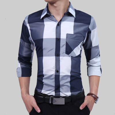 

Brand 2017 Fashion Male Shirt Long-Sleeves Tops Fashion Hit Color Big Plaid Mens Dress Shirts Slim Men Shirt 3XL DFGH