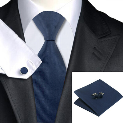 

N-0770 Vogue Men Silk Tie Set Blue Solid Necktie Handkerchief Cufflinks Set Ties For Men Formal Wedding Business wholesale
