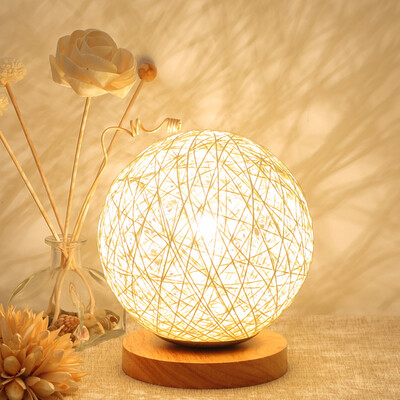 

BOKT Minimalist Novelty Romantic Solid Wood Table Lamp for Bedroom Bedside Desk Lamp Home Decor Rattan Ball Lampshade Beige