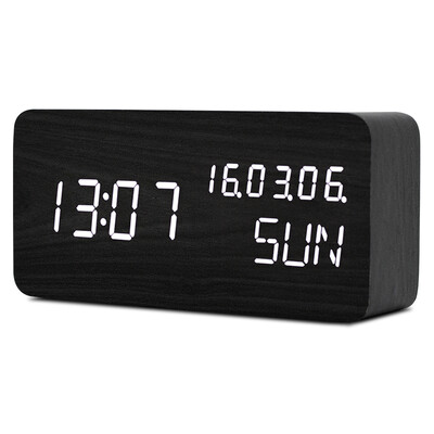 

LED Digital Alarm Clock Wooden Voice Control Table Clock Calendar Week LED Display Desk Clock USB Power Travel Clock