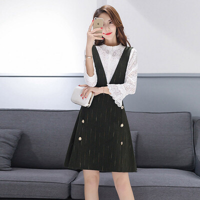 

Markentsee 2017 new women&39s fall suit collar long sleeve fashion temperament lace hook flower hollow sweet dress yzOMN9163 army green S