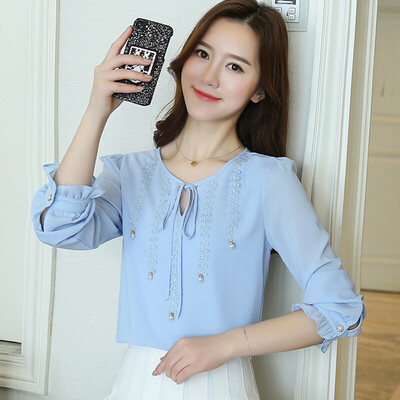 

Fort Sheng 2017 new women&39s autumn long-sleeved chiffon shirt small shirt floral shirt Korean version of cents temperament primer shirt simple art zx1782813 802 light blue S