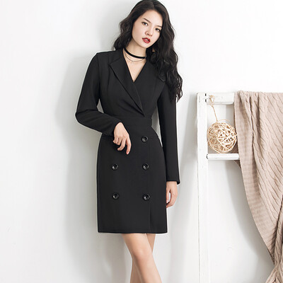 

Verragee new lapel dress high waist long-sleeved double-breasted retro suit collar solid color short skirt femal
