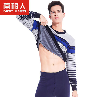 

Antarctic thermal underwear men&39s round neck prints plus velvet thickening underwear Slim winter youth fashion autumn clothes autumn pants suit male gray red stripes L