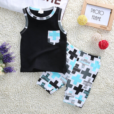 

2017 2pcs Baby Clothes Boys Kids Fashion Print Pocket vestPants Oufits 1-3Y