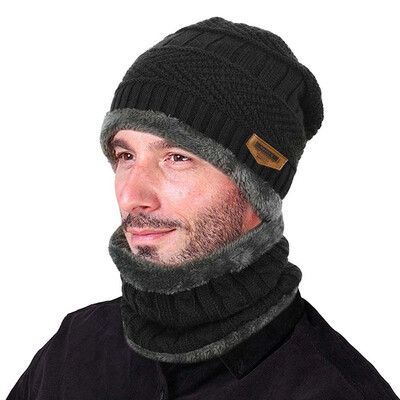 

2pcs Men Winter Warm Knitted Hat Beanie Set Thicken Soft Fleece Lining Hat Cap with Circle Scarf Outdoor Hat