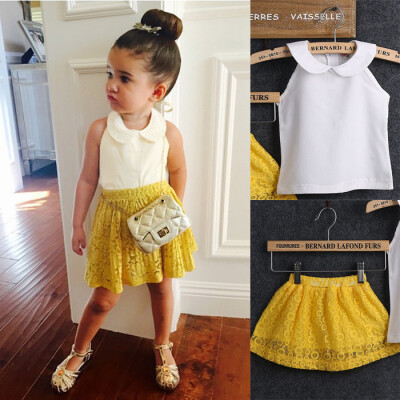 

Kid Toddler Girl Sleeveless Top Yellow Lace Dress 2-Pcs Suit Set Outfit