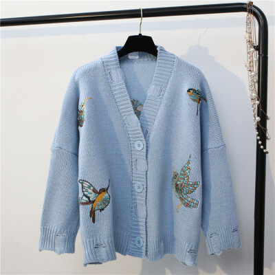 

2017 fashion women new bird embroidery flowers broken hole single row buckle sweater loose sweater coat