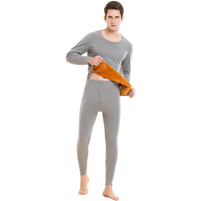

Red bean thermal underwear mens plus velvet thickening 500G de velvet round neck autumn clothing long trousers middle&old age cold suit 377 light gray ash 180105