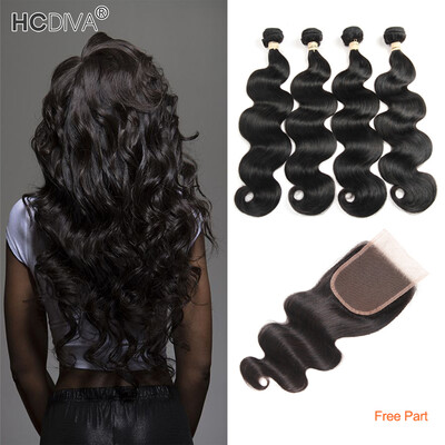 

HCDIVA Body Wave 3 Bundles with Lace Closure Free Part Brazilian Virgin Human Hair with Closure Natural Black Free Shipping