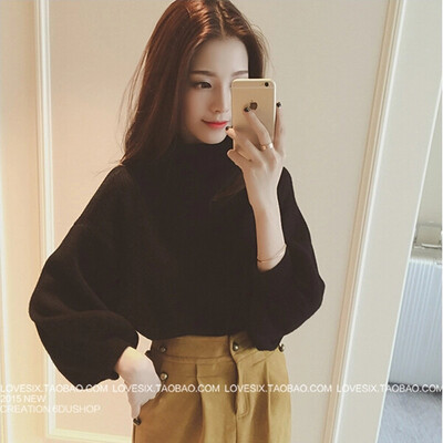

2017 autumn and winter new semi-high collar short section sweater loose sets of lanterns jacket sweater coat