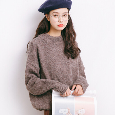 

City plus CITYPLUS 2017 autumn and winter new women's art wild round long-sleeved loose loose sweater sweater CWYC179360 apricot gray