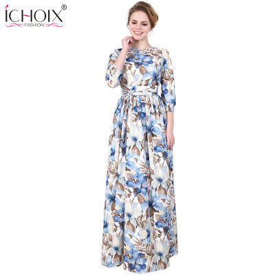 

New Bohemian Maxi Long Dresses With Sahes Summer Autumn Vintage Floral Print Floor length dress 2017 White Ladies Loose Vestidos