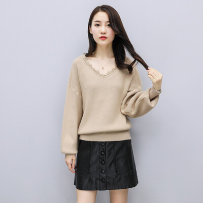 

2017 autumn and winter new V neck knitted sweater women head loose jacket