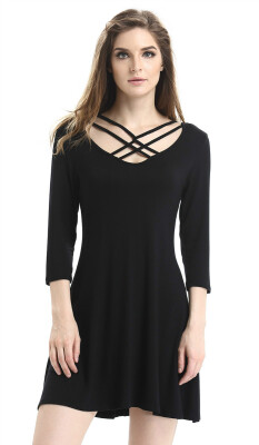 

New Arrivals Womens 34 Sleeves Lace up Criss Cross Trapeze Casual Tunic Dress