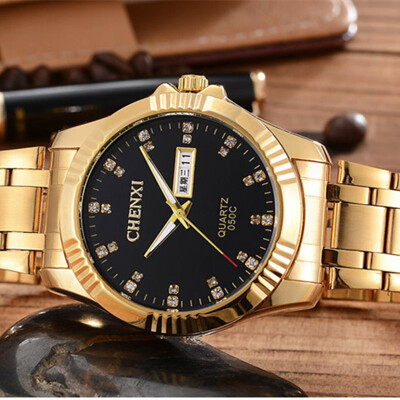 

CHENXI New Brand Luxury Rhinestone Men Golden Quartz Watch Classic Calendar Wrist Watch Male Clock