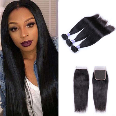 

Virgin Brazilian Straight Hair With Closure Natural Black 7A Virgin Straight Hair With Lace Closure 3 Bundles With Closure