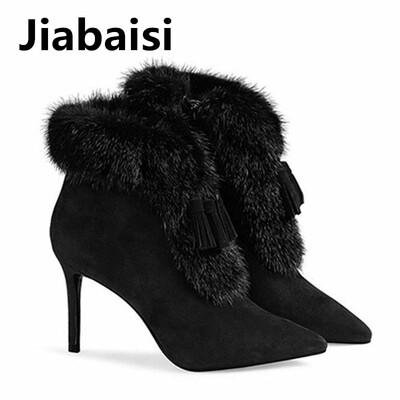 

Jiabaisi shoes womens Tassels pointed toe warm Real fur Calf heel boots Quality suede Shank lady stilettos classics zipper boots