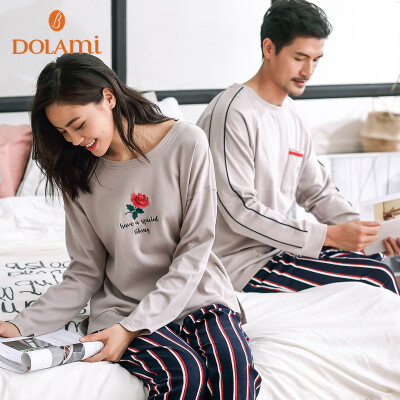 

Dora beauty DOLAMI pajamas women autumn casual sports striped couple long-sleeved home service suit DL732052 apricot color apricot female L