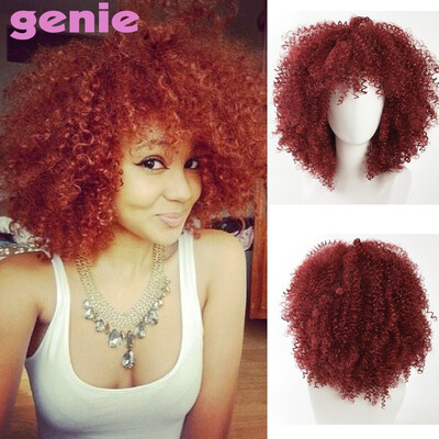 

GENIE Red Curly Синтетические парики для черных женщин Natural Full American African Medium Afro Wig Cosplay Heat Resistant