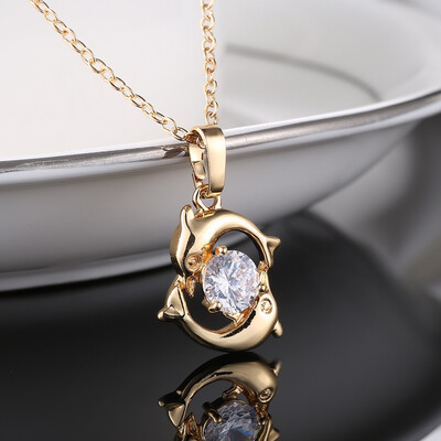 

Fashion Beauty Double Dolphins Diamond Pendant Luxury Necklace for Women Girls Gifts