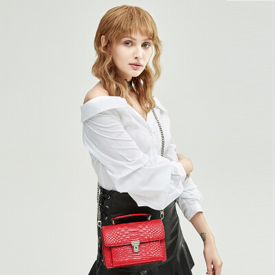 

Saint Tifan SENDEFN Messenger bag female leather Korean fashion trend snake pattern lock chain ladies shoulder small package 7041 pomegranate red