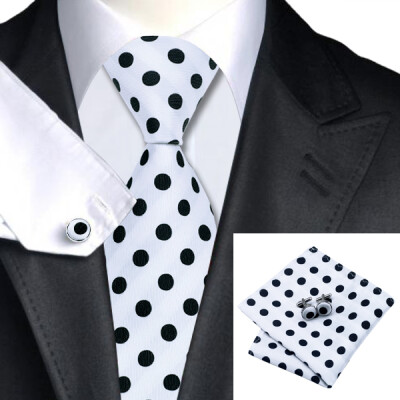 

N-1057 Vogue Men Silk Tie Set Black Dot Necktie Handkerchief Cufflinks Set Ties For Men Formal Wedding Business wholesale