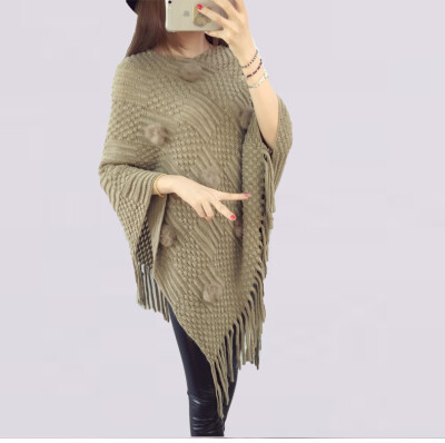 

2017 Spring and Autumn New Women's loose tassel shawl sweater coat large size knitted cloak hooded bat shirt