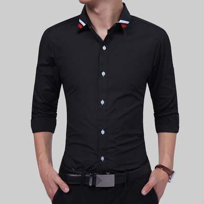 

Brand 2017 Fashion Male Shirt Long-Sleeves Tops Classic Pure Color Ribbon Mens Dress Shirts Slim Men Shirt 3XL