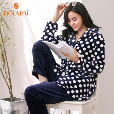 

Dora beauty DOLAMI pajamas women 2017 autumn new long-sleeved lapel polka-dot womens home service suit DL652033 sapphire blue L