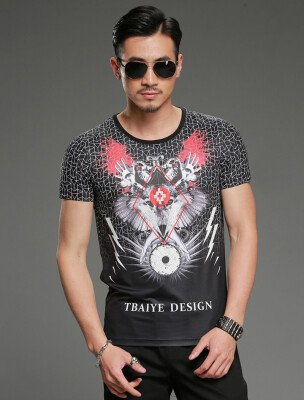 

Summer new men 's personalized print short - sleeved T - shirt youth round neck Slim half - sleeved Shirt